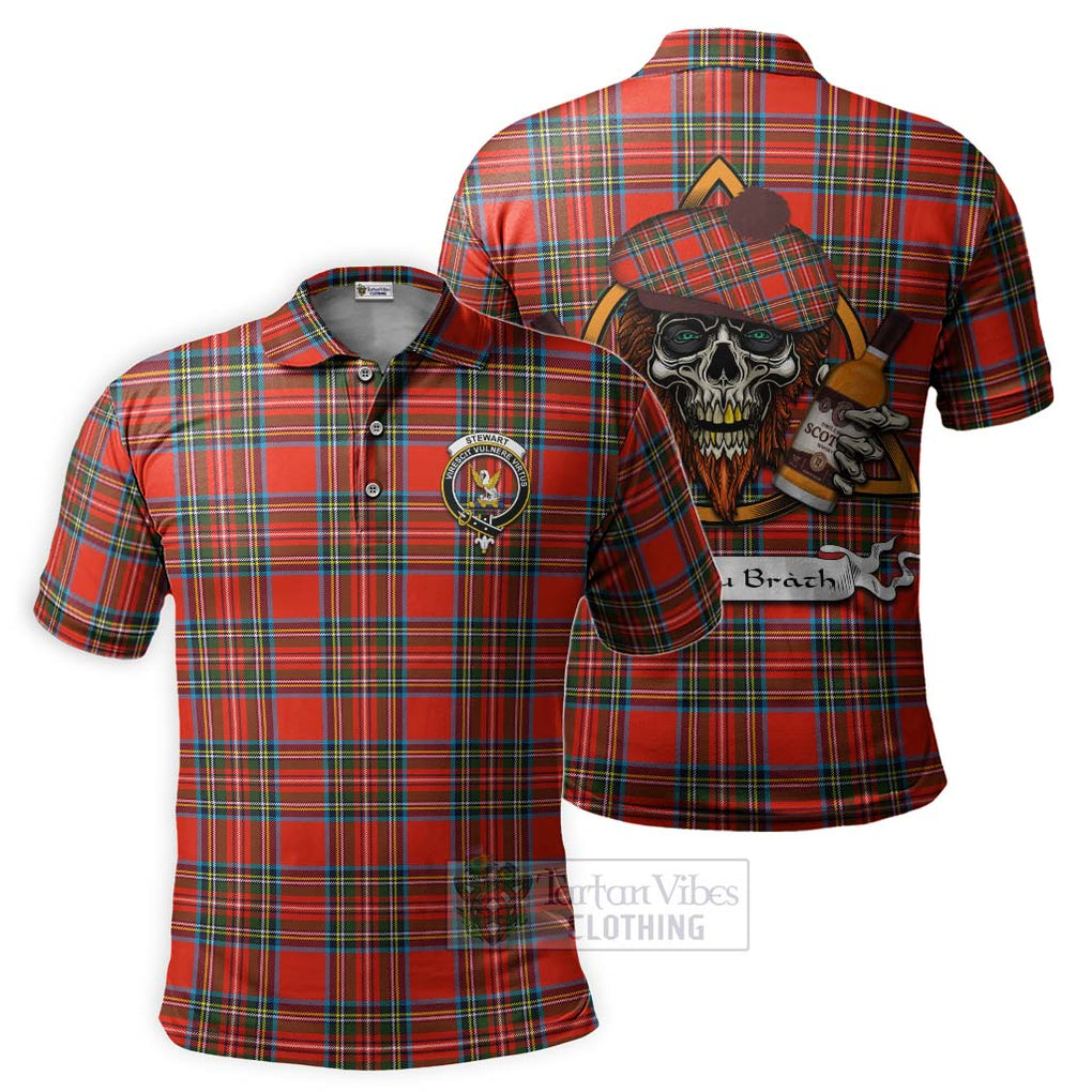 Tartan Vibes Clothing Stewart (Stuart) Tartan Polo Shirt with Family Crest and Bearded Skull Holding Bottles of Whiskey