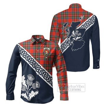 Stewart (Stuart) Tartan Long Sleeve Button Shirt Featuring Thistle and Scotland Map Men's Shirt S - Tartan Vibes Clothing