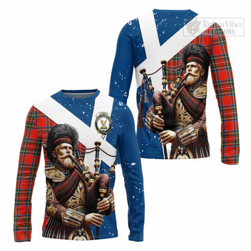 Stewart (Stuart) Tartan Long Sleeve T-Shirt with Family Crest Scottish Bagpiper Vibes