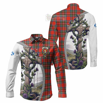 Stewart (Stuart) Tartan Long Sleeve Button Shirt with Family Crest and St. Andrew's Cross Accented by Thistle Vines Men's Shirt S - Tartan Vibes Clothing