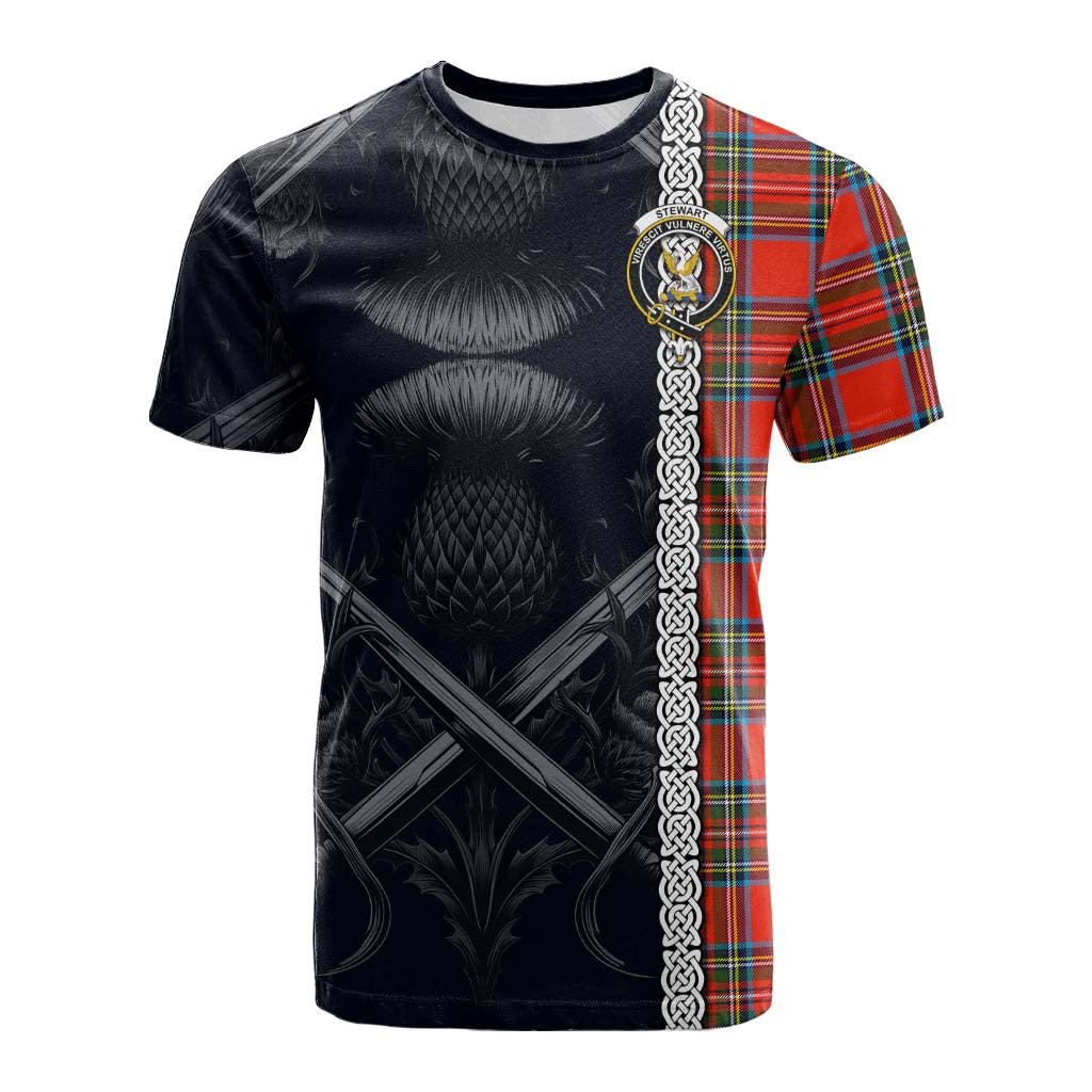 Tartan Vibes Clothing Stewart (Stuart) Tartan Cotton T-shirt with Family Crest Cross Sword Thistle Celtic Vibes