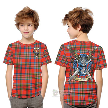 Stewart (Stuart) Tartan Kid T-Shirt with Family Crest Celtic Skull Style