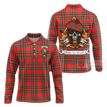 Stewart (Stuart) Tartan Long Sleeve Polo Shirt with Family Crest and Bearded Skull Holding Bottles of Whiskey Unisex - Tartan Vibes Clothing