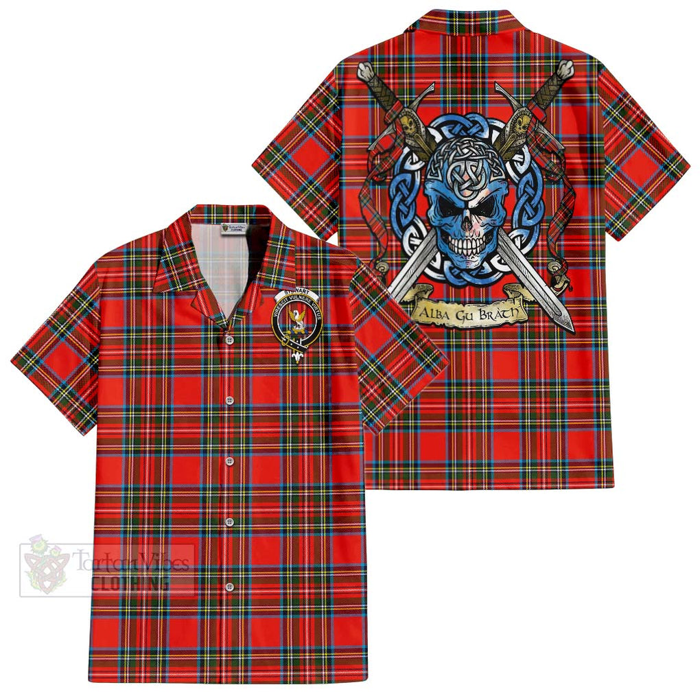 Tartan Vibes Clothing Stewart (Stuart) Tartan Short Sleeve Button Shirt with Family Crest Celtic Skull Style