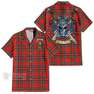 Stewart (Stuart) Tartan Short Sleeve Button Shirt with Family Crest Celtic Skull Style