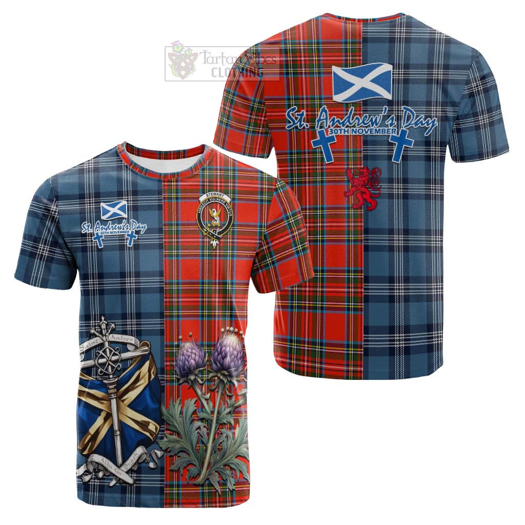 Tartan Vibes Clothing Stewart (Stuart) Tartan Cotton T-shirt Happy St. Andrew's Day Half Tartan Style