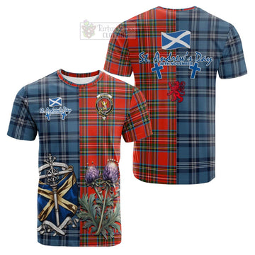 Stewart (Stuart) Tartan Cotton T-shirt Happy St. Andrew's Day Half Tartan Style