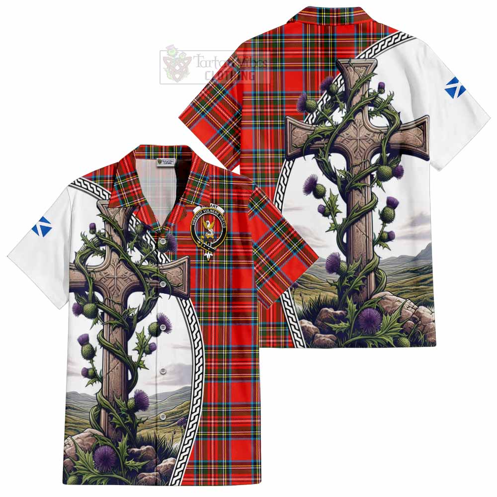 Tartan Vibes Clothing Stewart (Stuart) Tartan Short Sleeve Button Shirt with Family Crest and St. Andrew's Cross Accented by Thistle Vines