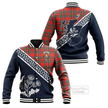 Stewart (Stuart) Tartan Baseball Jacket Featuring Thistle and Scotland Map