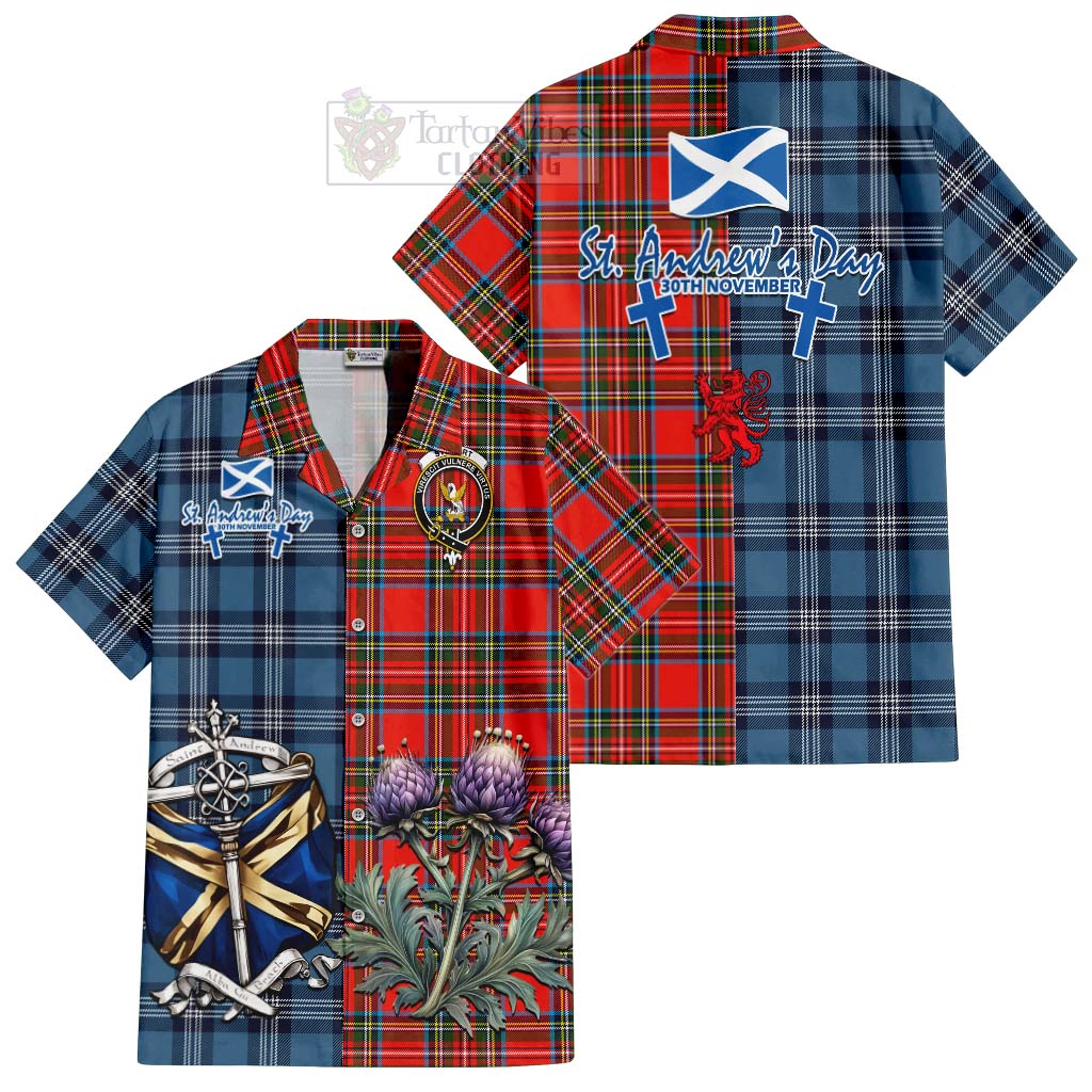 Tartan Vibes Clothing Stewart (Stuart) Tartan Short Sleeve Button Shirt Happy St. Andrew's Day Half Tartan Style