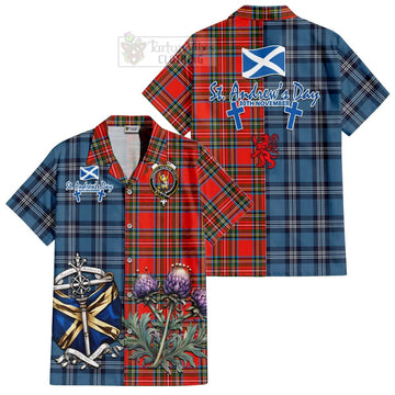 Stewart (Stuart) Tartan Short Sleeve Button Shirt Happy St. Andrew's Day Half Tartan Style