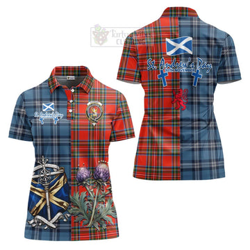 Stewart (Stuart) Tartan Women's Polo Shirt Happy St. Andrew's Day Half Tartan Style