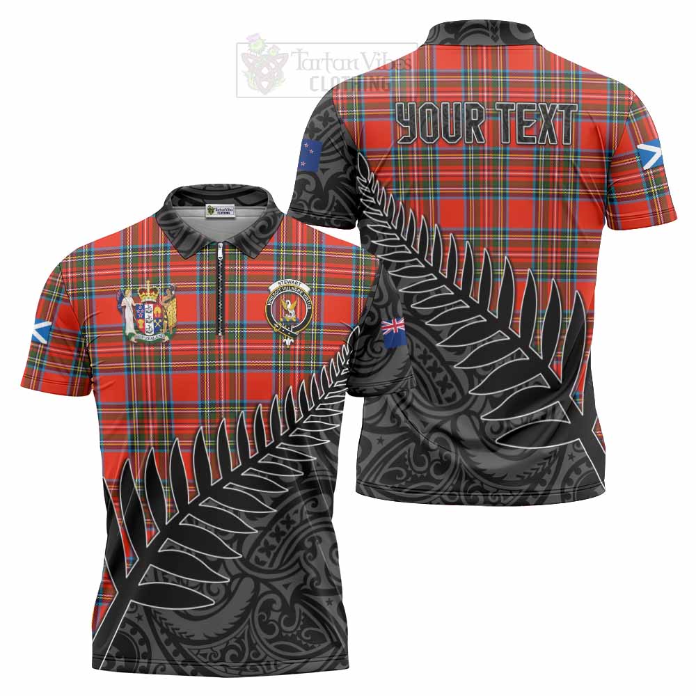 Tartan Vibes Clothing Stewart (Stuart) Crest Tartan Zipper Polo Shirt with New Zealand Silver Fern Half Style