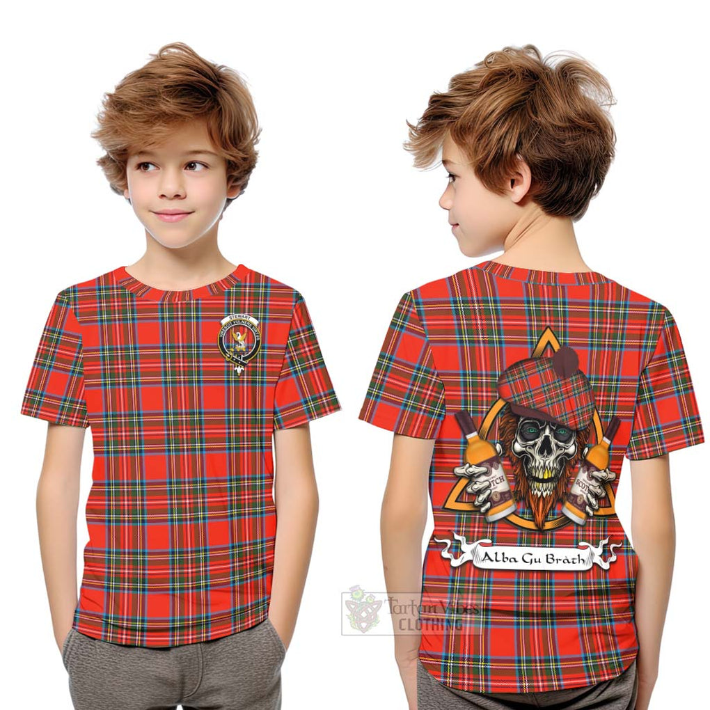 Tartan Vibes Clothing Stewart (Stuart) Tartan Kid T-Shirt with Family Crest and Bearded Skull Holding Bottles of Whiskey