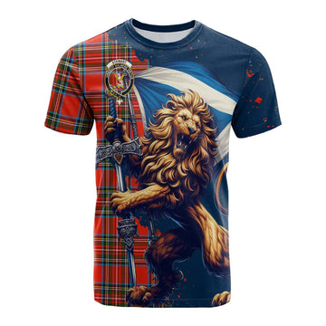 Stewart (Stuart) Tartan Family Crest Cotton T-shirt with Scottish Majestic Lion