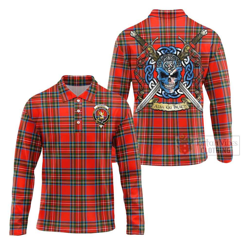 Stewart (Stuart) Tartan Long Sleeve Polo Shirt with Family Crest Celtic Skull Style Unisex - Tartan Vibes Clothing