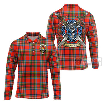 Stewart (Stuart) Tartan Long Sleeve Polo Shirt with Family Crest Celtic Skull Style Unisex - Tartan Vibes Clothing