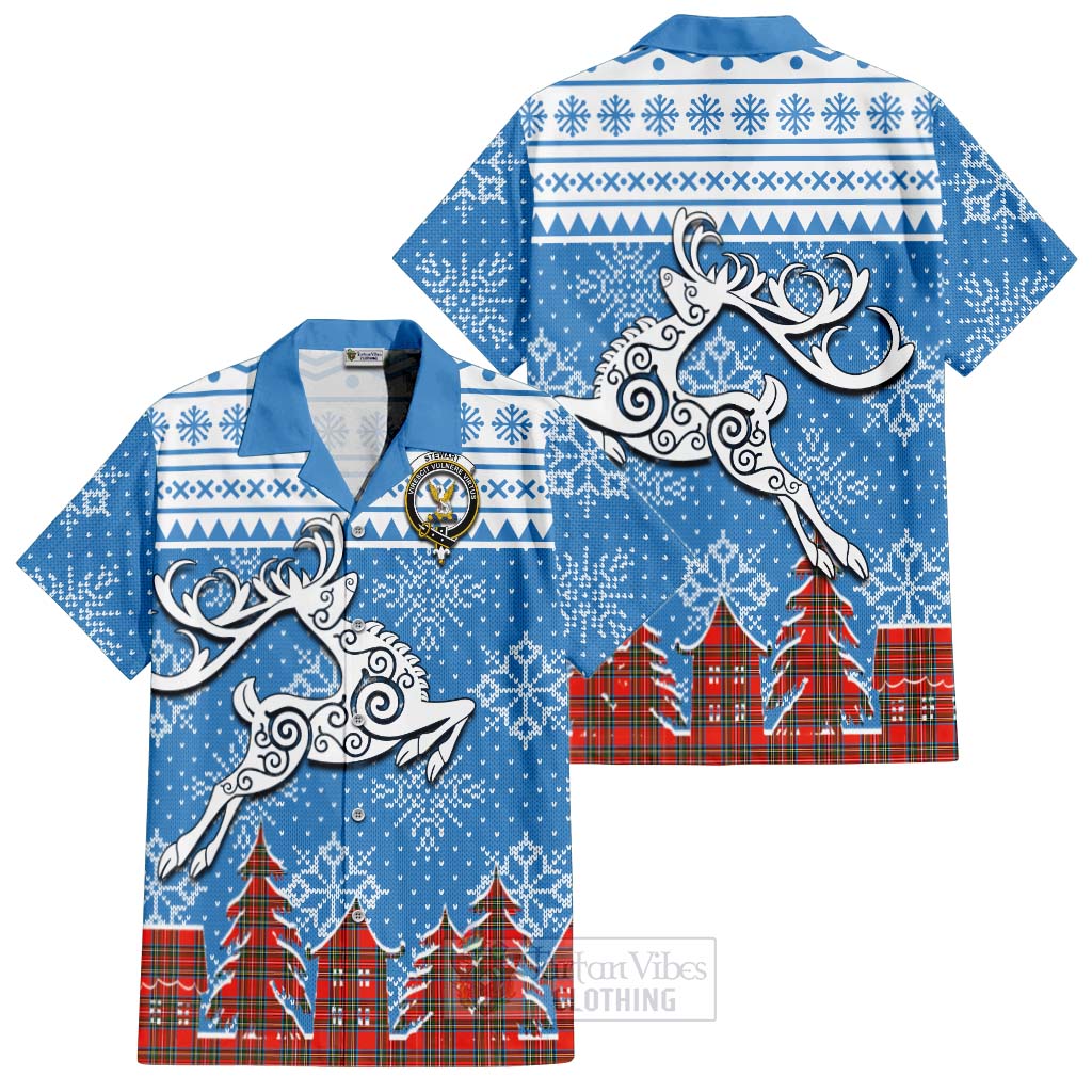 Tartan Vibes Clothing Stewart (Stuart) Clan Christmas Short Sleeve Button Shirt Celtic Reindeer Style