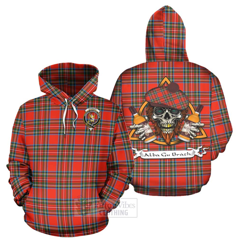 Tartan Vibes Clothing Stewart (Stuart) Tartan Hoodie with Family Crest and Bearded Skull Holding Bottles of Whiskey