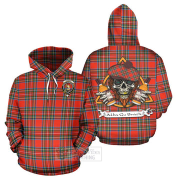 Stewart (Stuart) Tartan Hoodie with Family Crest and Bearded Skull Holding Bottles of Whiskey