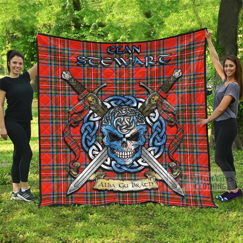 Tartan Vibes Clothing Stewart (Stuart) Tartan Quilt with Celtic Skull Alba Gu Brath Style