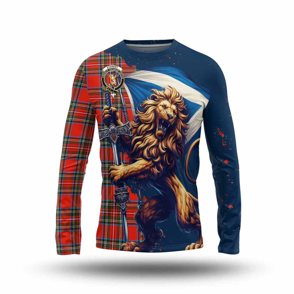 Tartan Vibes Clothing Stewart (Stuart) Tartan Family Crest Long Sleeve T-Shirt with Scottish Majestic Lion