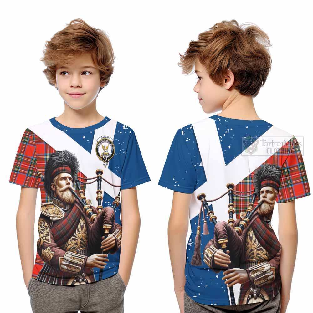 Tartan Vibes Clothing Stewart (Stuart) Tartan Kid T-Shirt with Family Crest Scottish Bagpiper Vibes