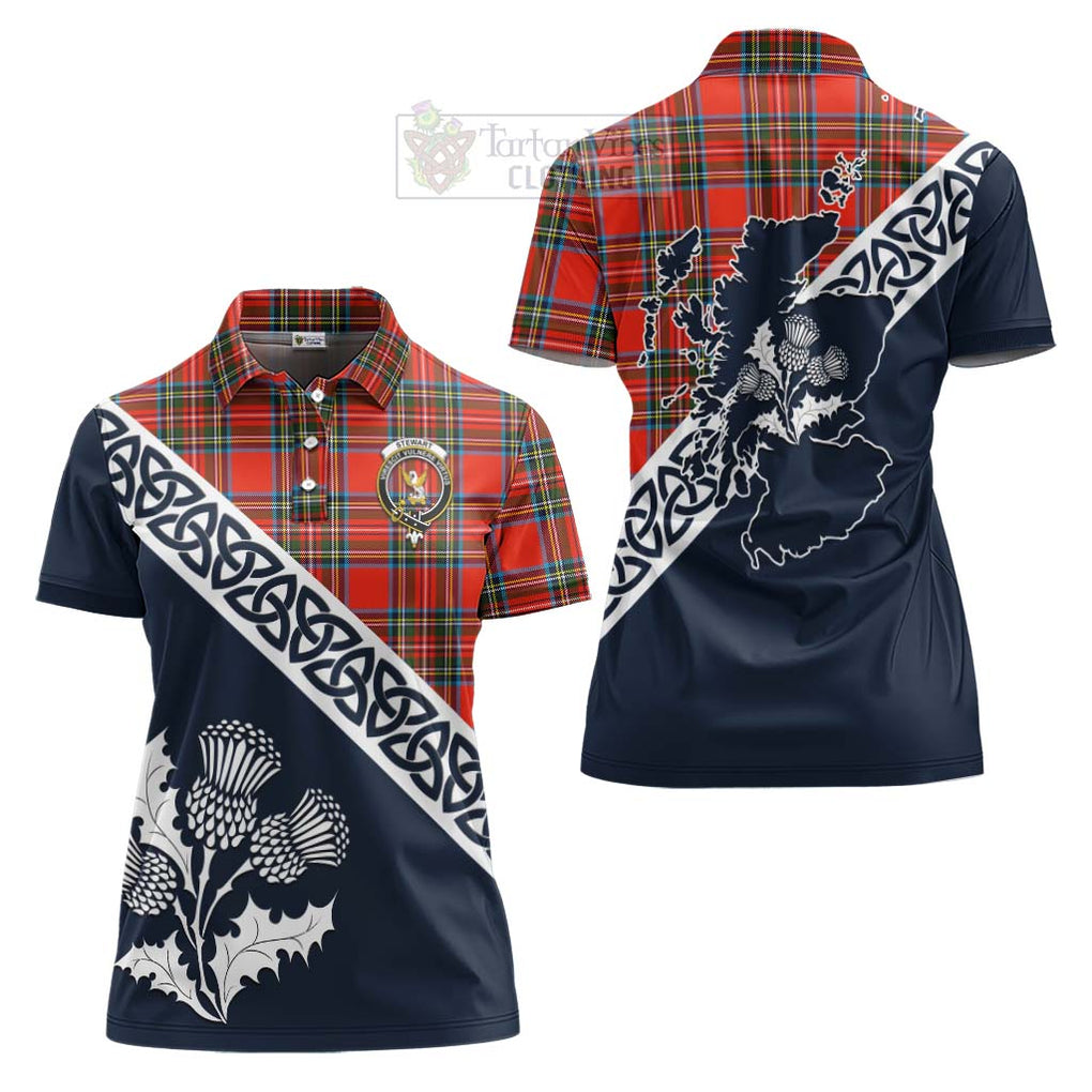 Tartan Vibes Clothing Stewart (Stuart) Tartan Women's Polo Shirt Featuring Thistle and Scotland Map