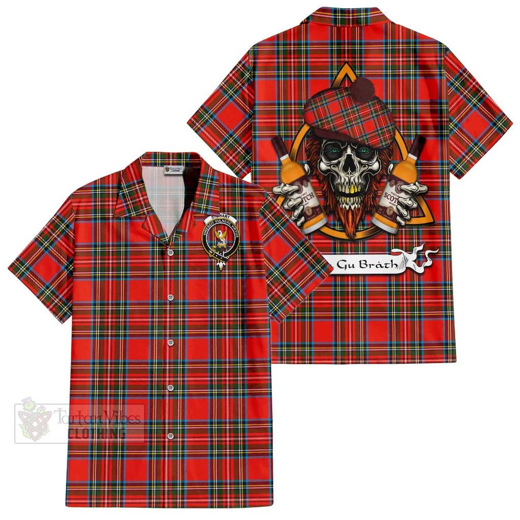 Tartan Vibes Clothing Stewart (Stuart) Tartan Short Sleeve Button Shirt with Family Crest and Bearded Skull Holding Bottles of Whiskey