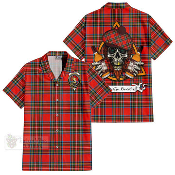 Stewart (Stuart) Tartan Short Sleeve Button Shirt with Family Crest and Bearded Skull Holding Bottles of Whiskey