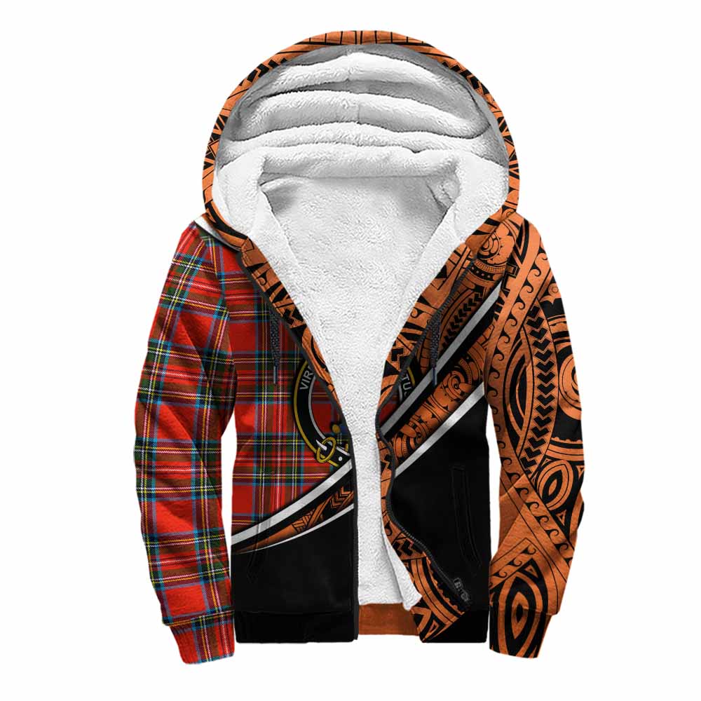 Tartan Vibes Clothing Stewart (Stuart) Crest Tartan Sherpa Hoodie with Maori Tattoo Style - Orange Version