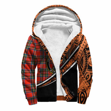 Stewart (Stuart) Crest Tartan Sherpa Hoodie with Polynesian Vibes Style - Orange Version