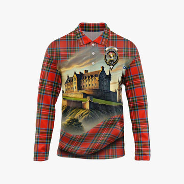 Stewart (Stuart) Tartan Family Crest Long Sleeve Polo Shirt with Scottish Ancient Castle Style Unisex - Tartan Vibes Clothing