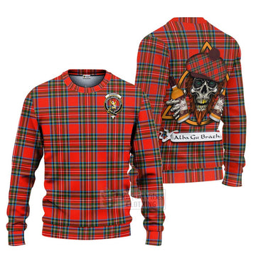 Stewart (Stuart) Tartan Ugly Sweater with Family Crest and Bearded Skull Holding Bottles of Whiskey