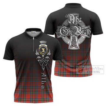 Stewart (Stuart) Tartan Zipper Polo Shirt Featuring Alba Gu Brath Family Crest Celtic Inspired