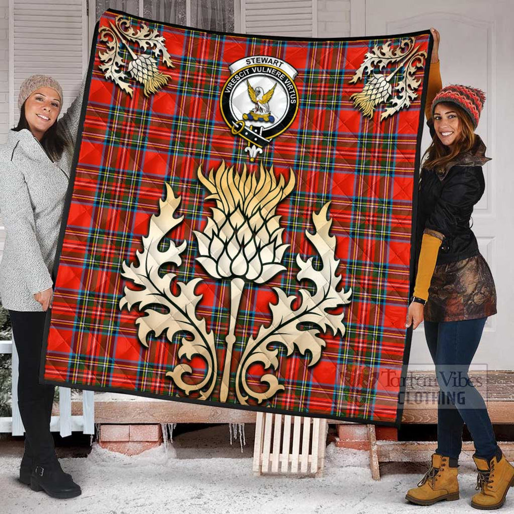 Tartan Vibes Clothing Stewart (Stuart) Tartan Quilt with Family Crest and Golden Thistle Style