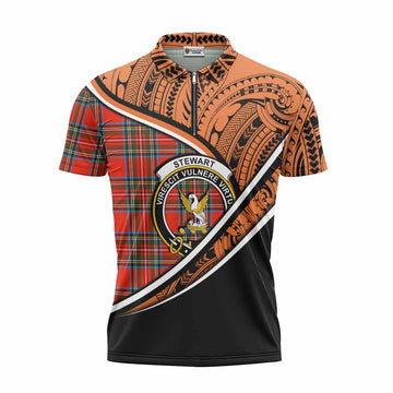 Stewart (Stuart) Crest Tartan Zipper Polo Shirt with Polynesian Vibes Style - Orange Version