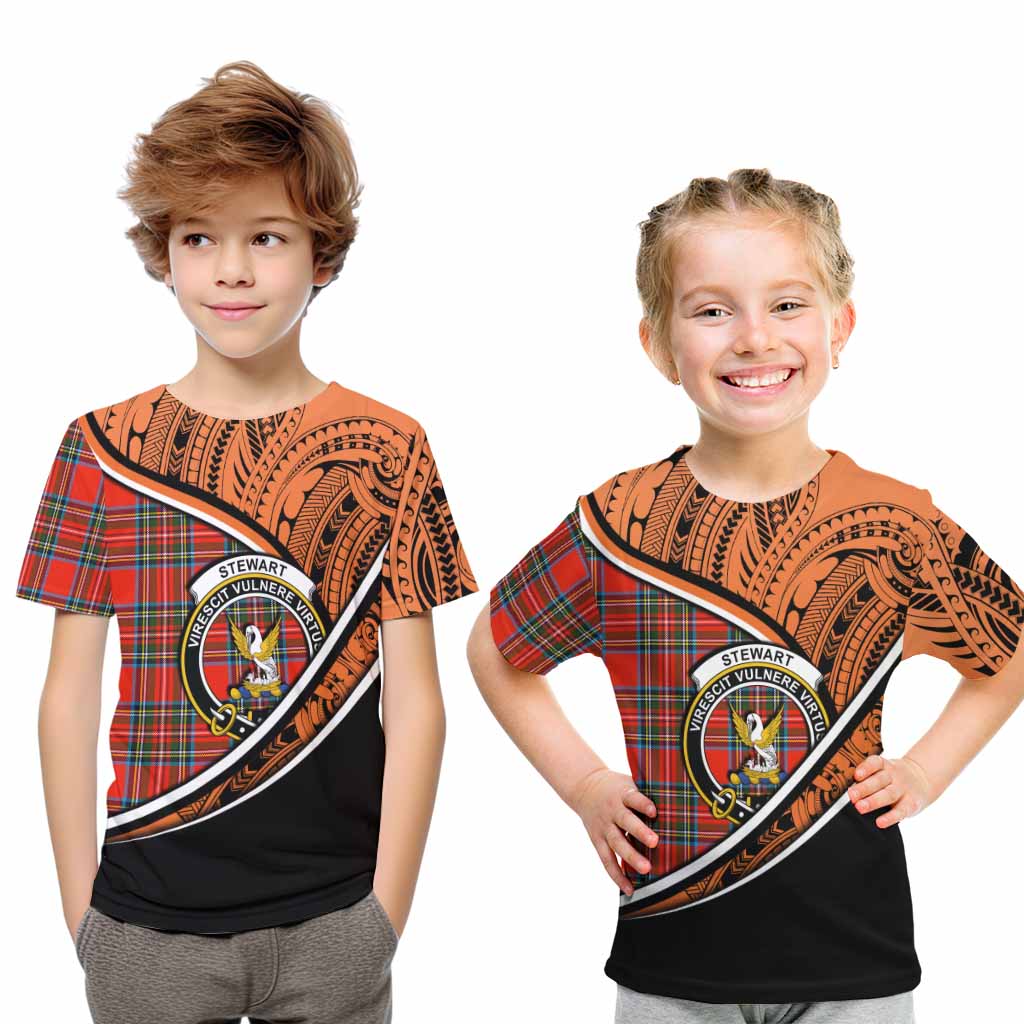 Tartan Vibes Clothing Stewart (Stuart) Crest Tartan Kid T-Shirt with Maori Tattoo Style - Orange Version