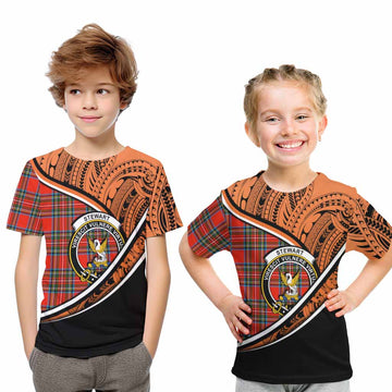 Stewart (Stuart) Crest Tartan Kid T-Shirt with Polynesian Vibes Style - Orange Version