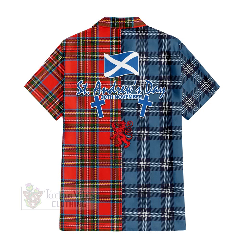 Tartan Vibes Clothing Stewart (Stuart) Tartan Short Sleeve Button Shirt Happy St. Andrew's Day Half Tartan Style