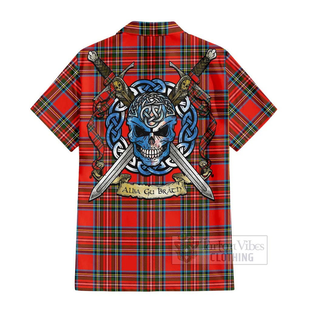 Tartan Vibes Clothing Stewart (Stuart) Tartan Short Sleeve Button Shirt with Family Crest Celtic Skull Style