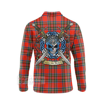 Stewart (Stuart) Tartan Long Sleeve Polo Shirt with Family Crest Celtic Skull Style - Tartan Vibes Clothing