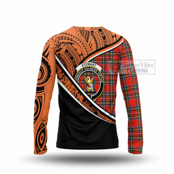 Stewart (Stuart) Crest Tartan Long Sleeve T-Shirt with Polynesian Vibes Style - Orange Version