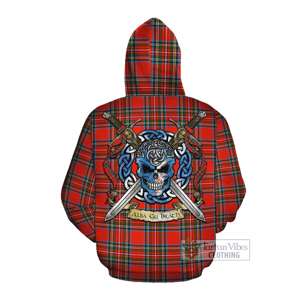 Tartan Vibes Clothing Stewart (Stuart) Tartan Cotton Hoodie with Family Crest Celtic Skull Style