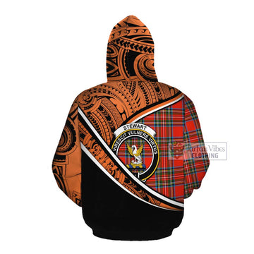 Stewart (Stuart) Crest Tartan Cotton Hoodie with Polynesian Vibes Style - Orange Version