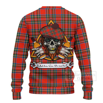 Stewart (Stuart) Tartan Ugly Sweater with Family Crest and Bearded Skull Holding Bottles of Whiskey