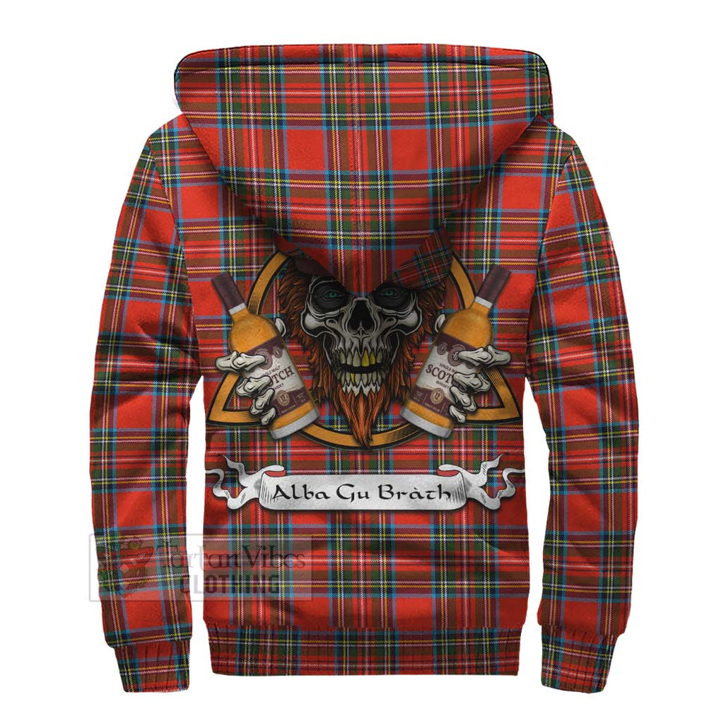 Tartan Vibes Clothing Stewart (Stuart) Tartan Sherpa Hoodie with Family Crest and Bearded Skull Holding Bottles of Whiskey