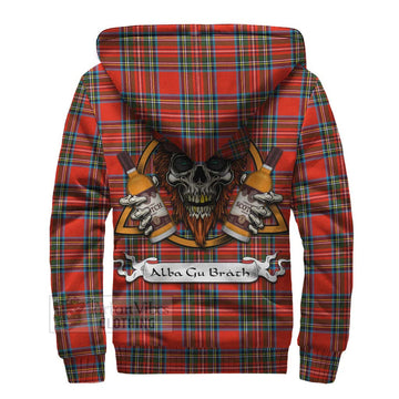 Stewart (Stuart) Tartan Sherpa Hoodie with Family Crest and Bearded Skull Holding Bottles of Whiskey