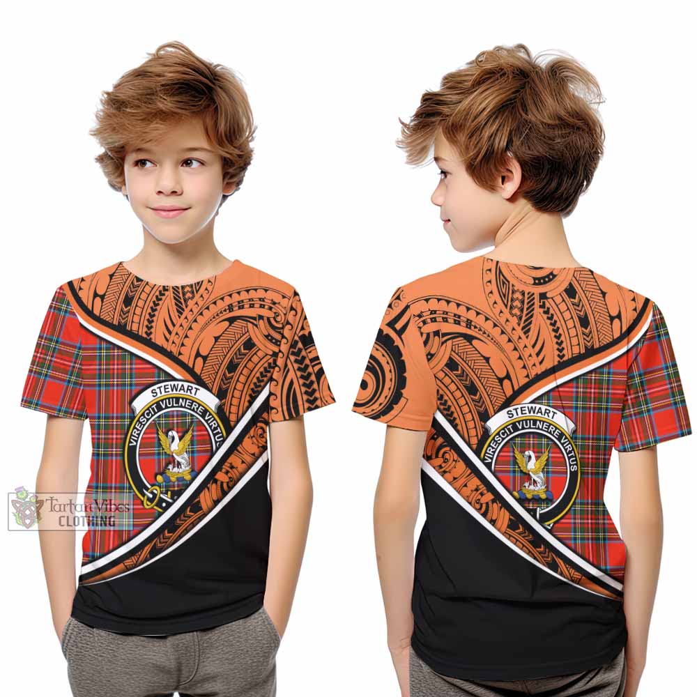 Tartan Vibes Clothing Stewart (Stuart) Crest Tartan Kid T-Shirt with Maori Tattoo Style - Orange Version