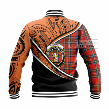 Stewart (Stuart) Crest Tartan Baseball Jacket with Polynesian Vibes Style - Orange Version